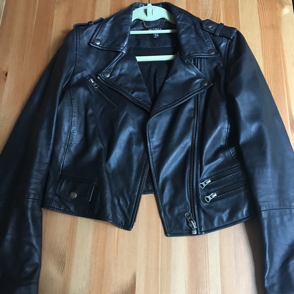 Muubaa black crop leather Moto jacket